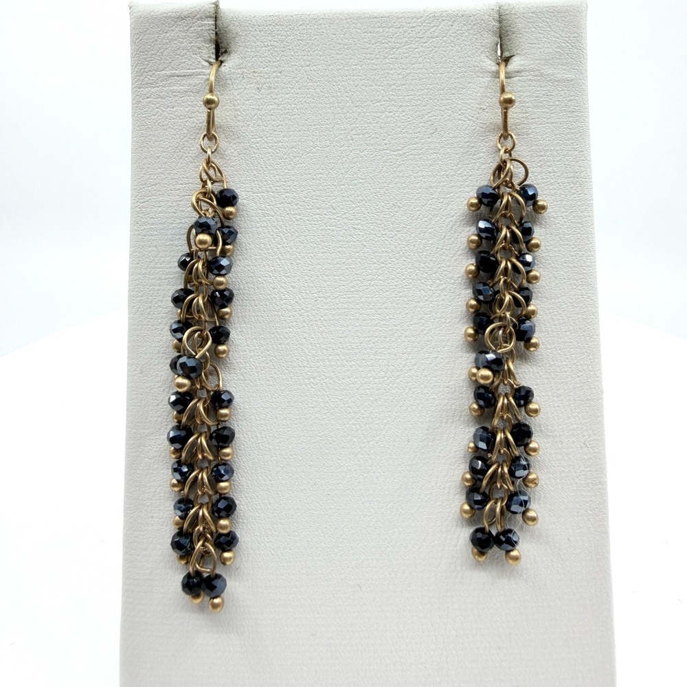 VTG Antique Gold Tone Black Crystal Cluster Dangle Drop Earrings